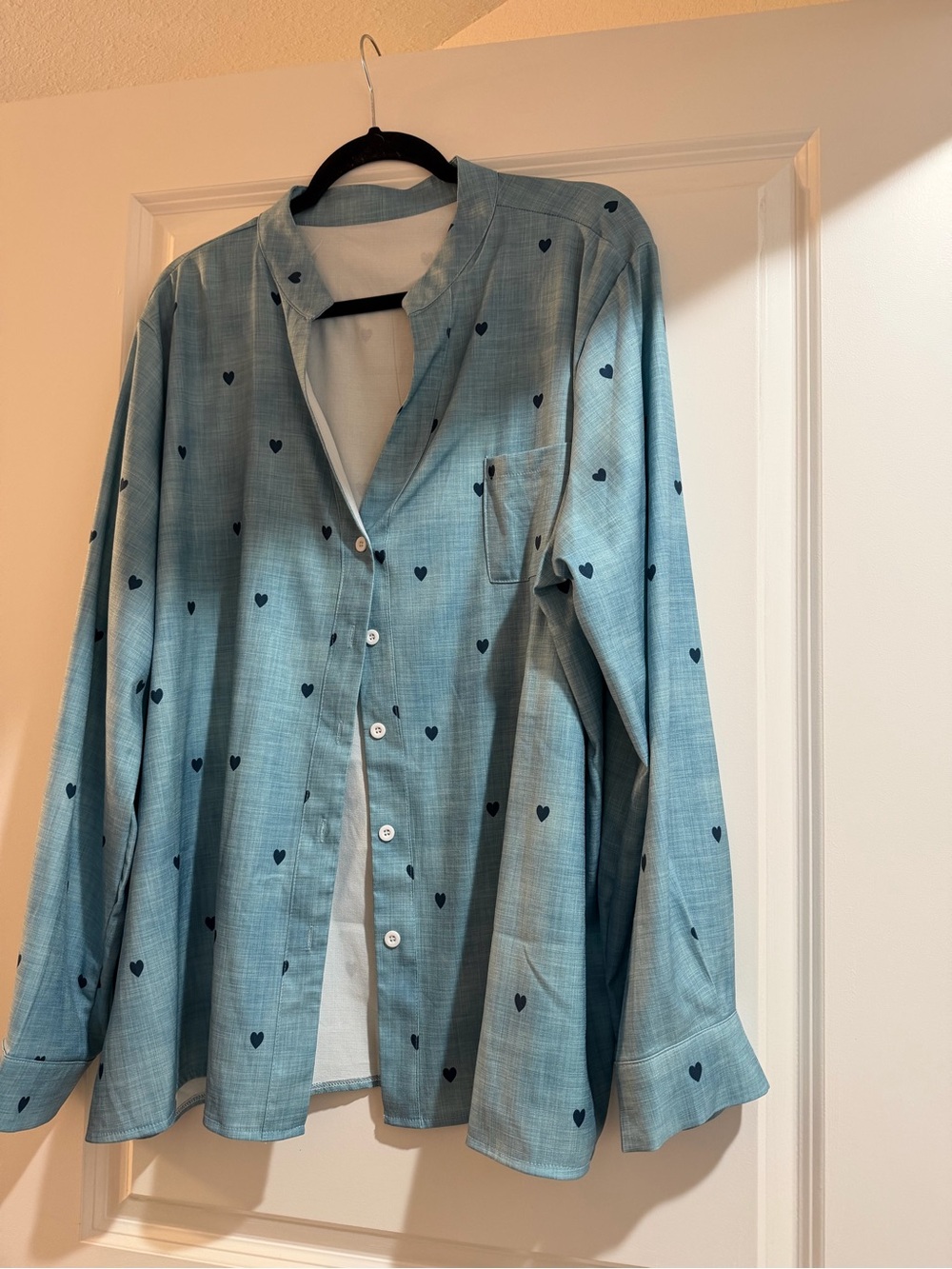 SHEIN Light Blue Heart-Print Women's Button-Up Blouse